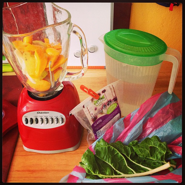 Smoothie made with mango, frozen banana, nectarine, water, and swiss chard.