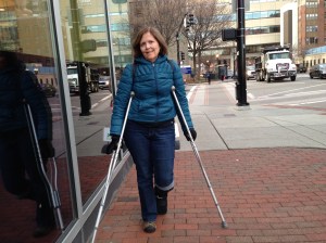 Getting around with crutches and walking boot (before it snowed).