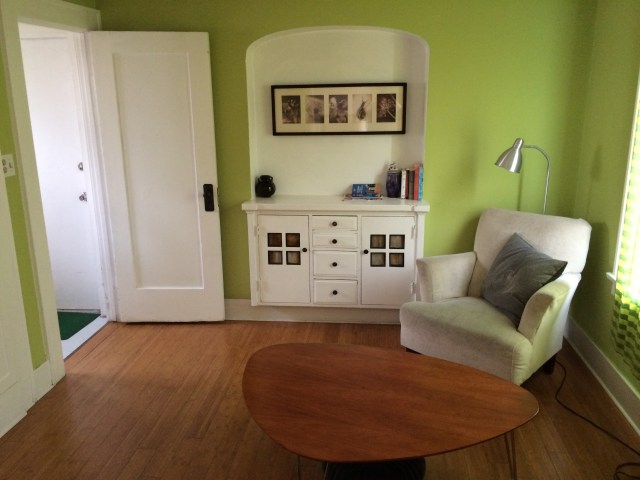 Green living room in Echo Park Bungalow