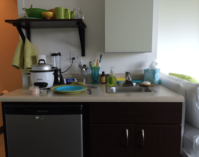 Making dinner in my micro-kitchen.
