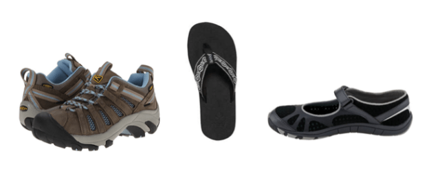 hiking shoes, flip flops, mary jane's